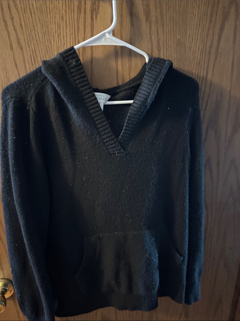 Market & Spruce Black V-Neck Hooded Sweater